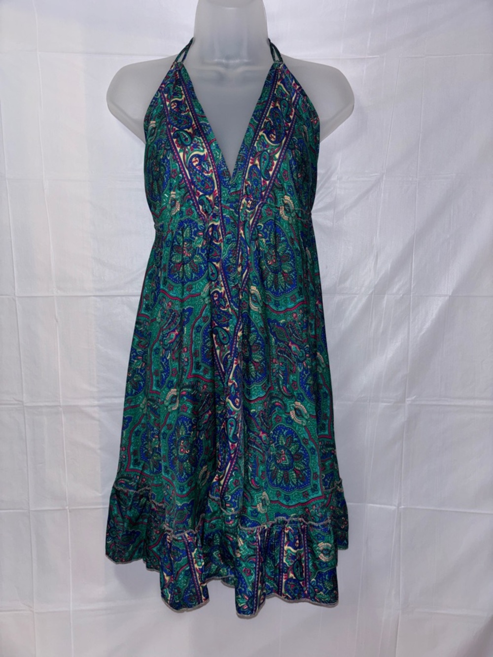 Source Unknown Green & Blue Paisley Halter Midi Dress 70% Silk